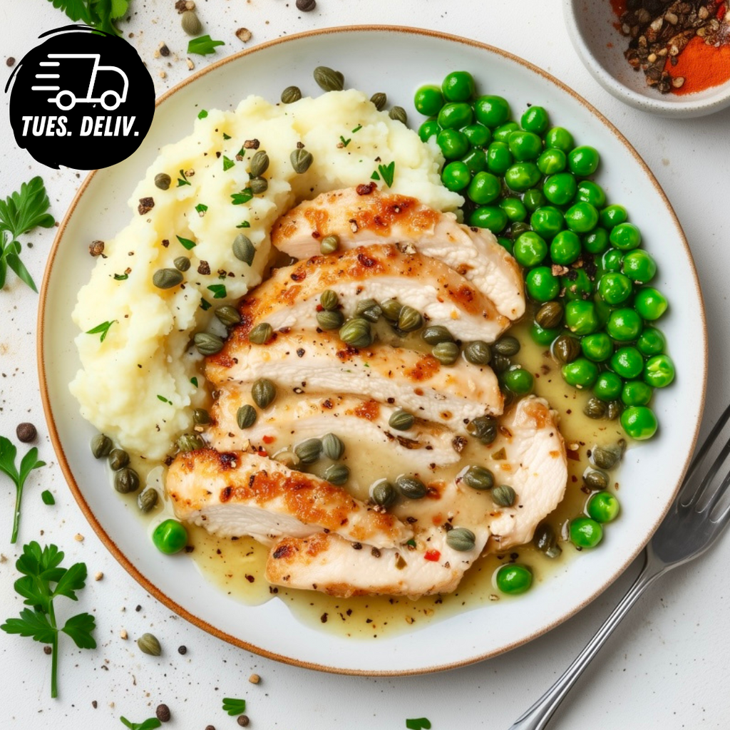 CHICKEN PICCATA WITH GARLIC MASH POTATO AND CAPERS.