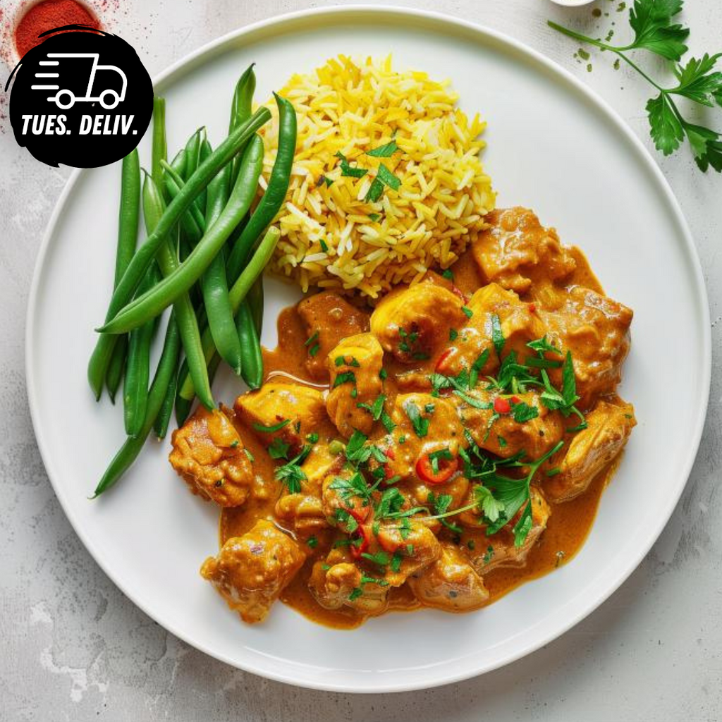 CREAMY KORMA CHICKEN CURRY WITH SAFFRON RICE AND GREEN BEANS