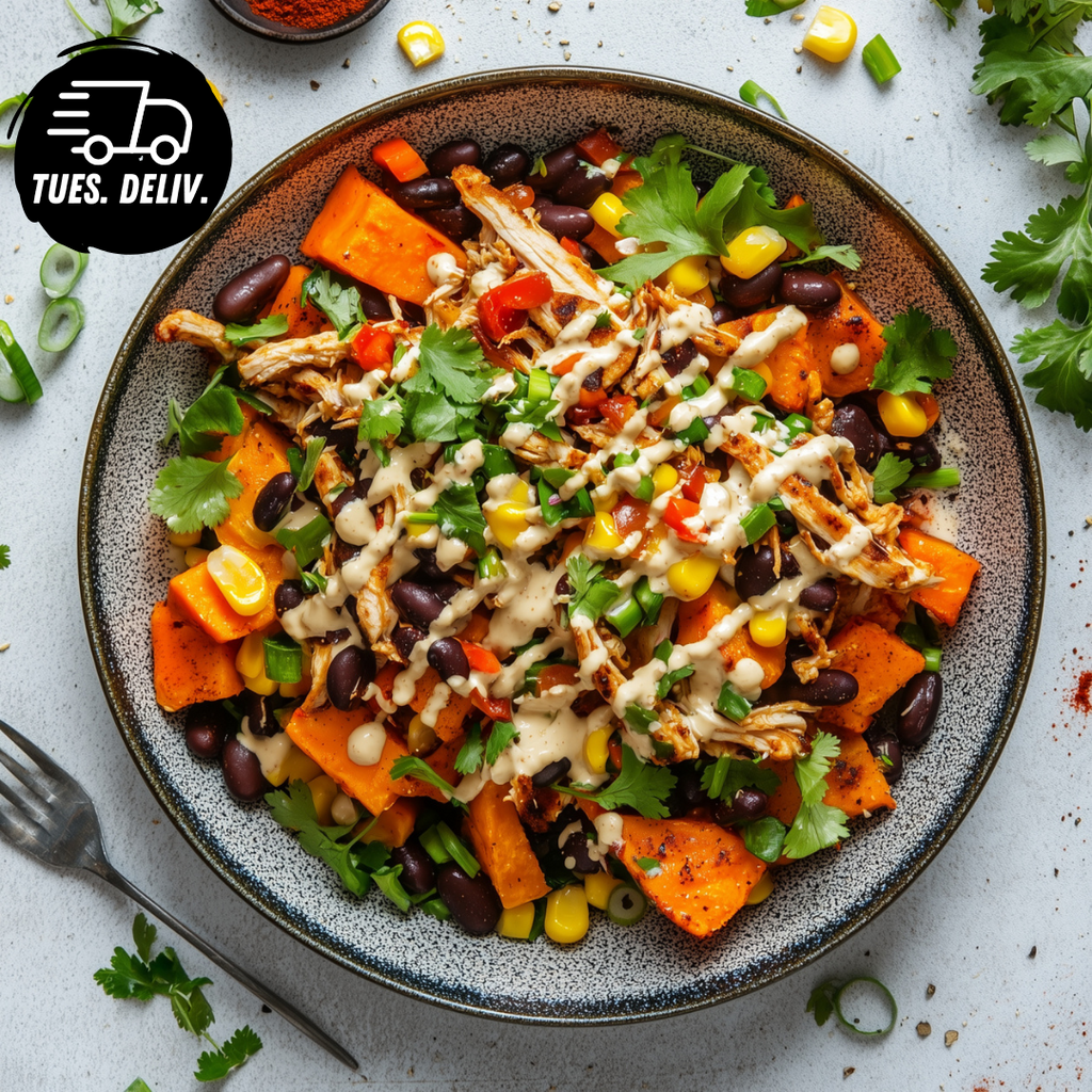 CHIPOTLE SHREDDED CHICKEN BOWL WITH ROASTED SWEET POTATO
