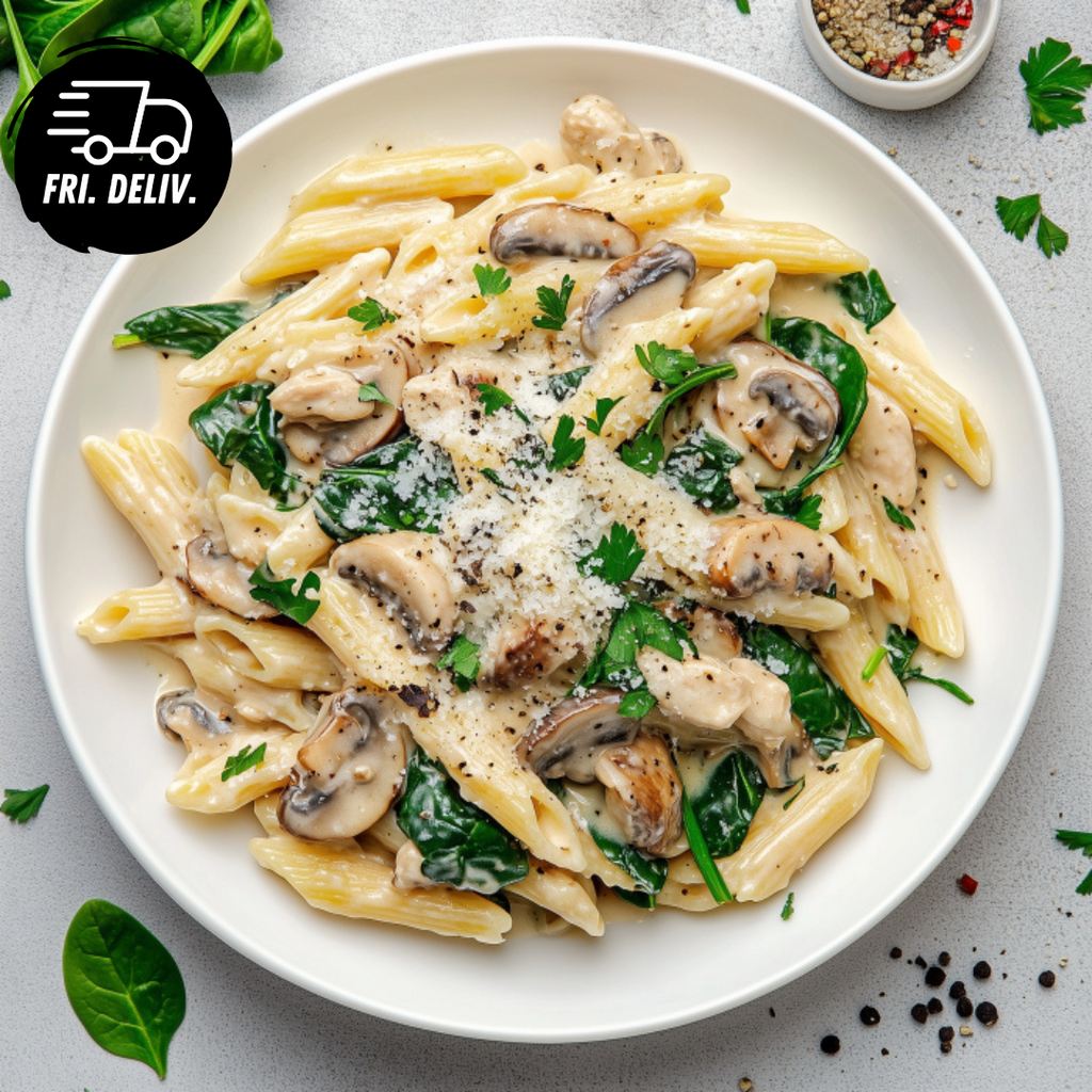 CHICKEN MUSHROOM AND TRUFFLE PENNE PASTA.