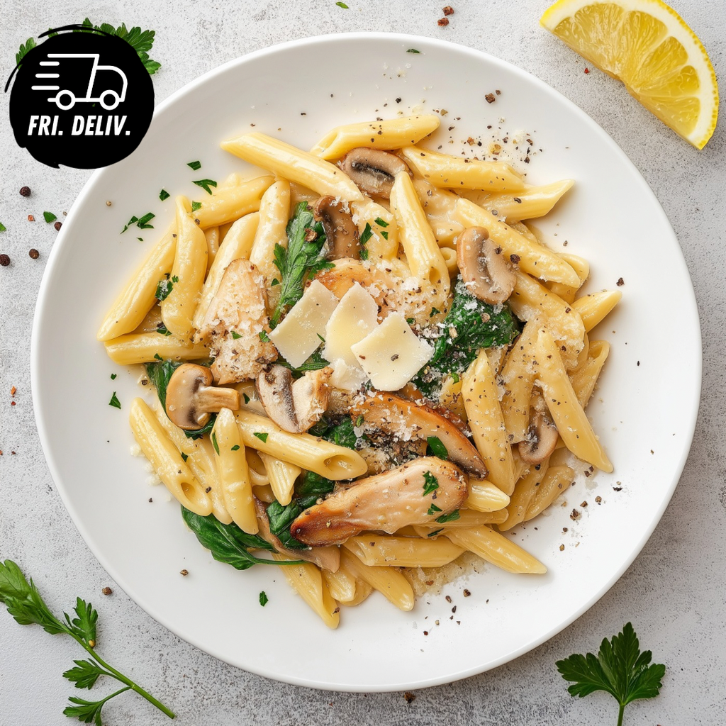LEMON PARMESAN CHICKEN PENNE PASTA WITH MUSHROOM AND SPINACH