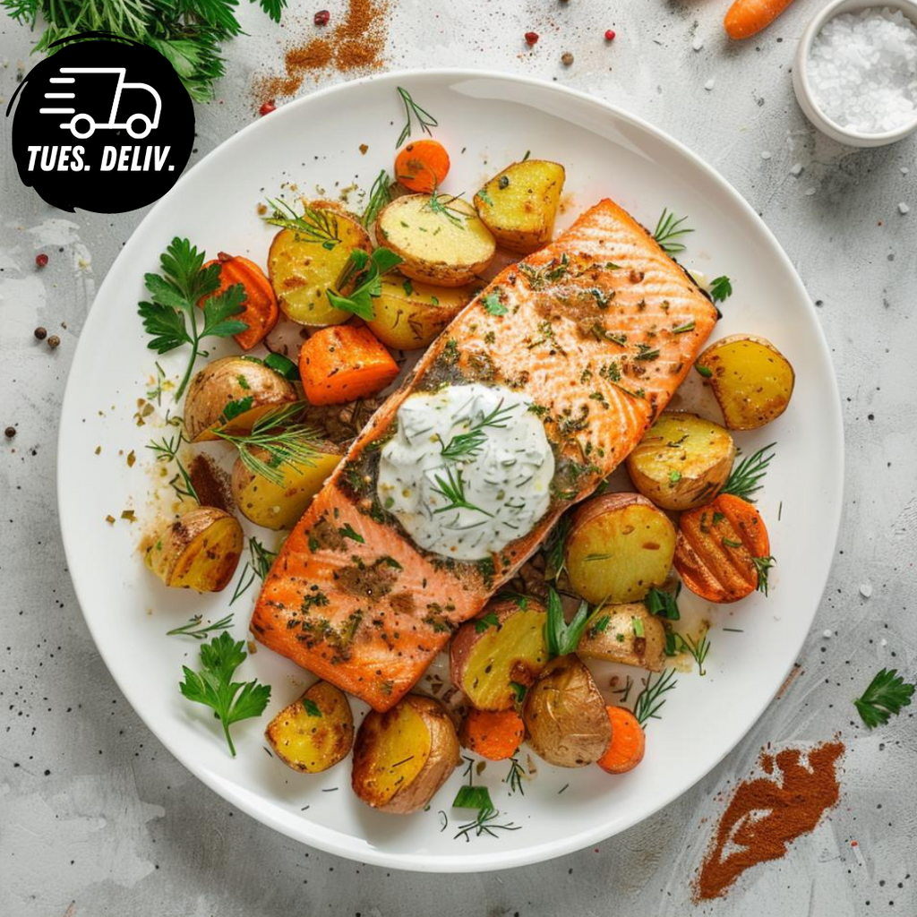 BAKED SALMON WITH ROAST VEGGIES AND GARLIC DILL BUTTER SAUCE