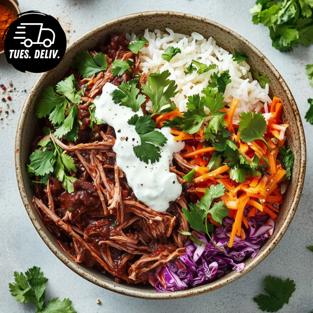 CHIPOTLE PULLED BEEF BOWL WITH BASMATI RICE AND VEG.