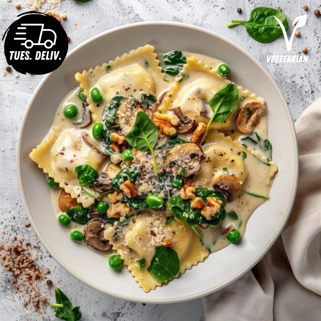 HERB AND RICOTTA RAVIOLI WITH SPINACH AND TOASTED NUTS