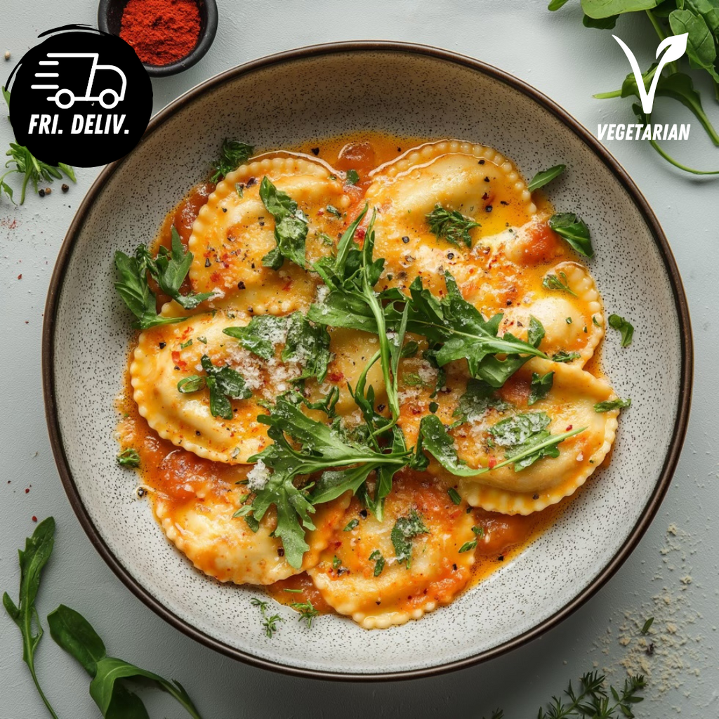 SUN DRIED TOMATO AND FETA RAVIOLI WITH SPINACH