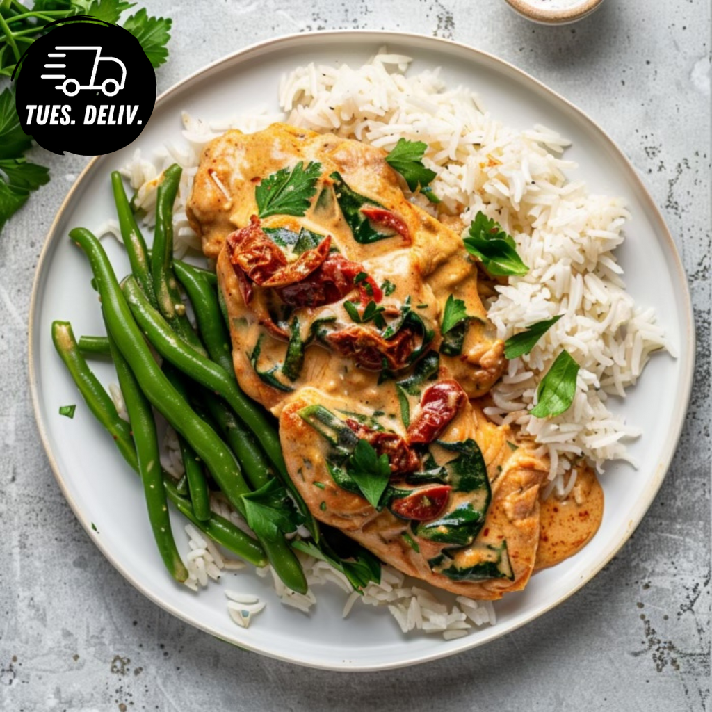 TUSCAN CHICKEN WITH BASMATI GREEN BEANS AND SPINACH
