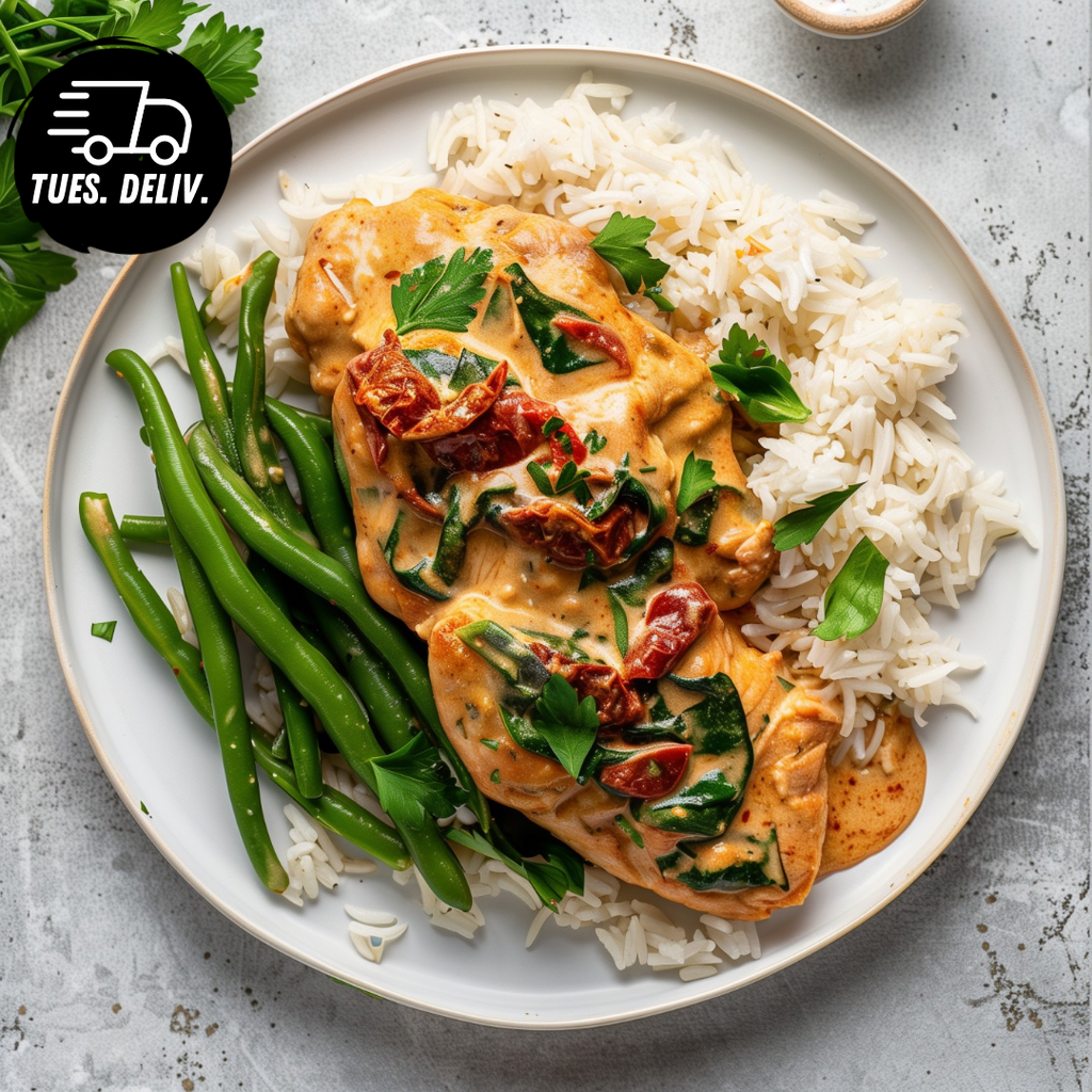 TUSCAN CHICKEN WITH BASMATI GREEN BEANS AND SPINACH