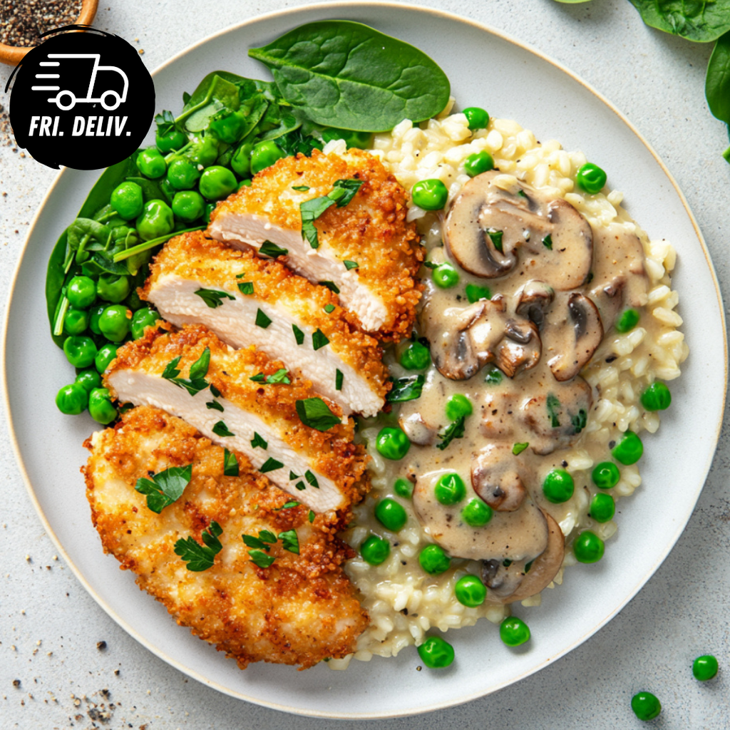 CRUMBED CHICKEN WITH MUSHROOM RICE AND VEG.