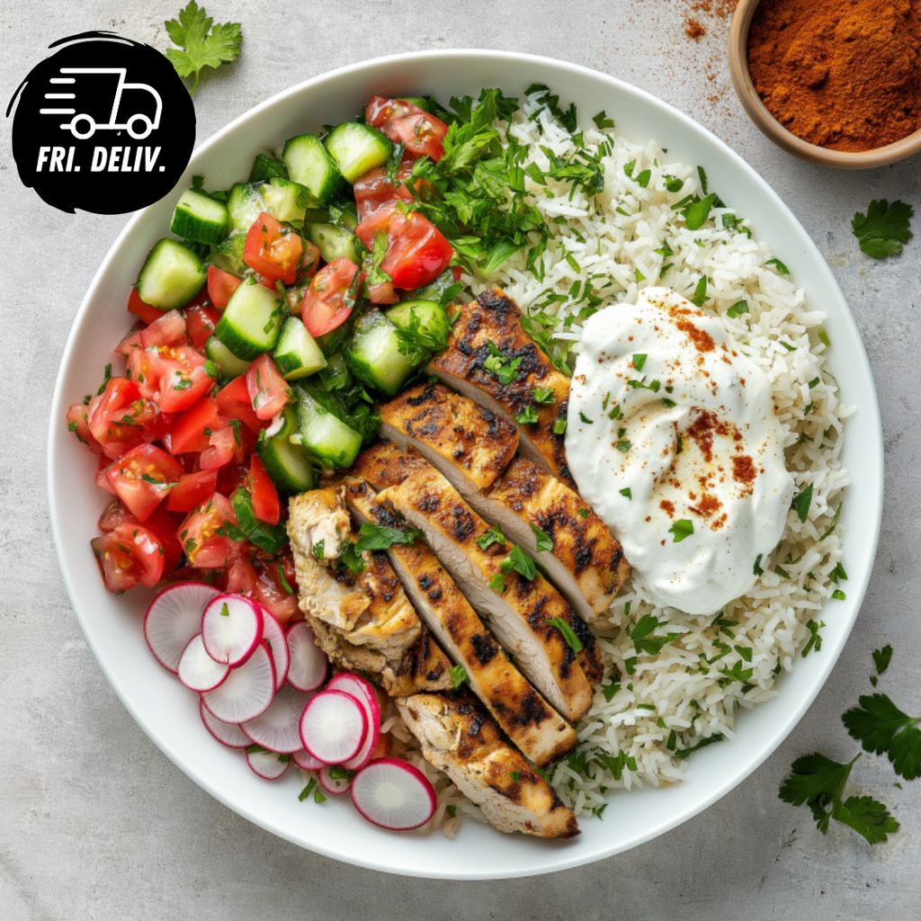 CHICKEN AND GARLIC SHAWARMA BOWL.