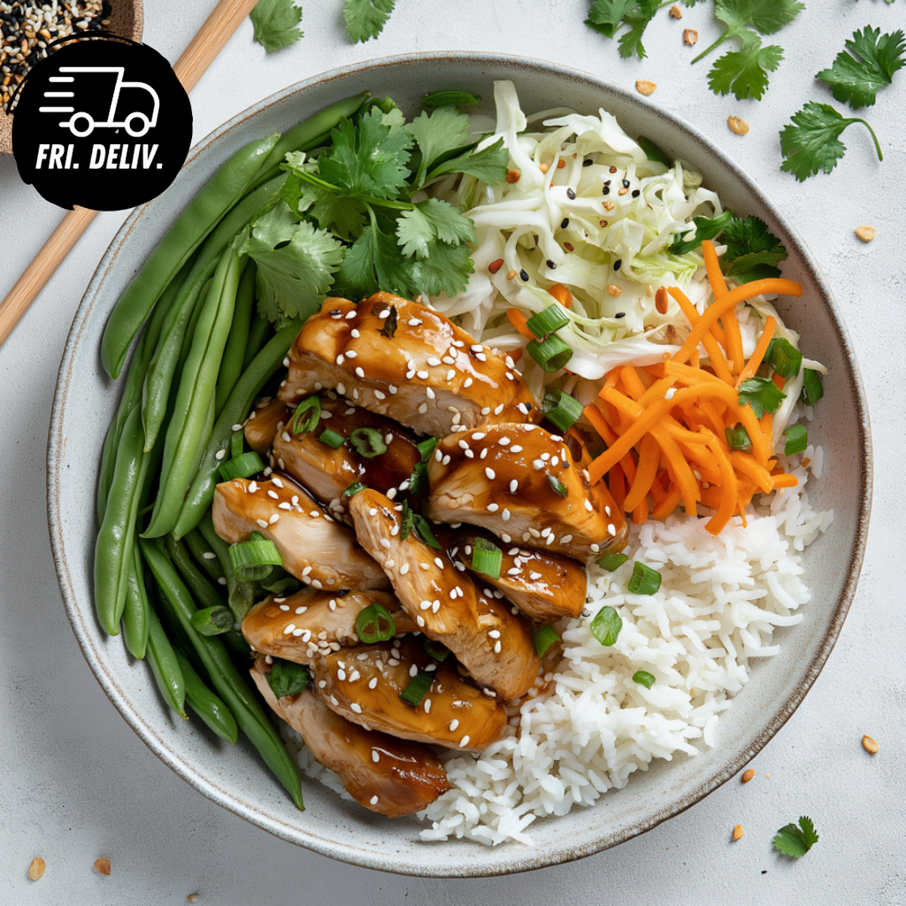 HONEY SESAME CHICKEN WITH GINGER AND GREEN ONION INFUSED RICE