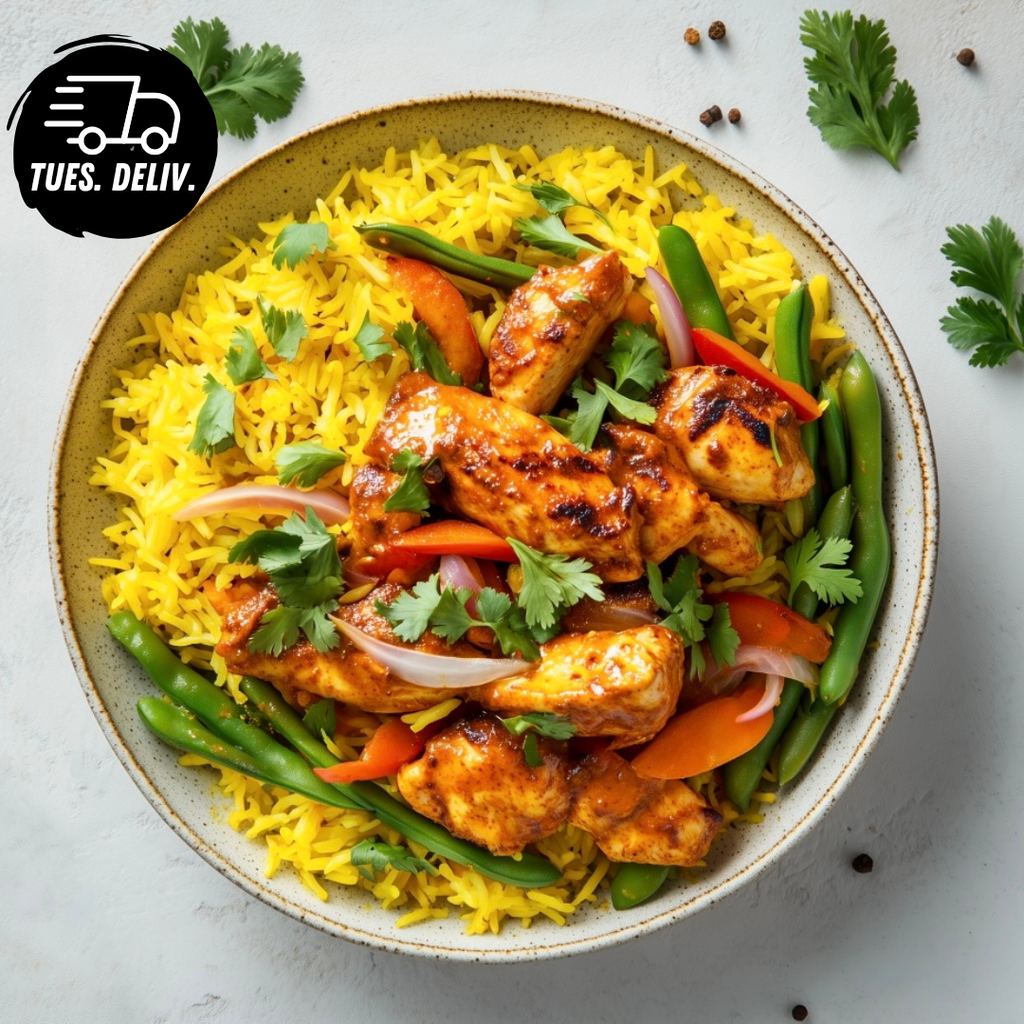 TANDOORI CHICKEN WITH SAFFRON RICE AND MIXED VEGETABLES