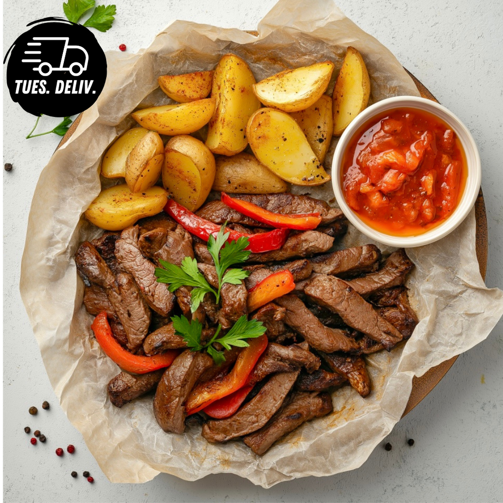 BEEF FAJITA WITH ROASTED POTATOES AND CAPSICUM RELISH.