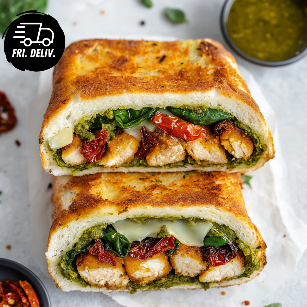 ITALIAN PESTO CRUMBED CHICKEN PANINI.