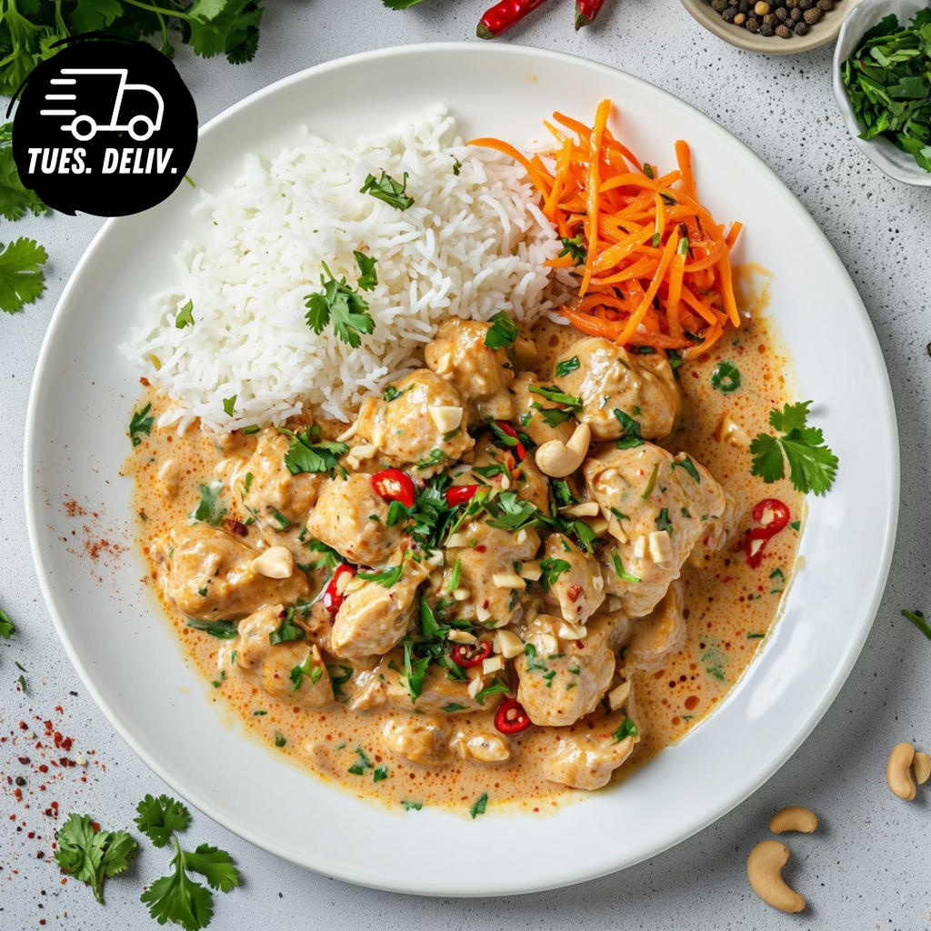 THAI COCONUT CASHEW AND LEMONGRASS CHICKEN WITH JASMINE RICE AND ASIAN GREENS.