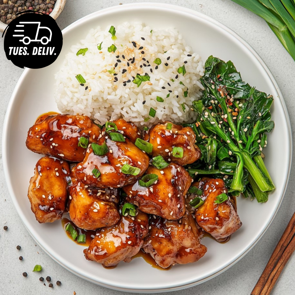 HONEY SOY CHICKEN WITH JASMINE RICE AND VEGETABLES.