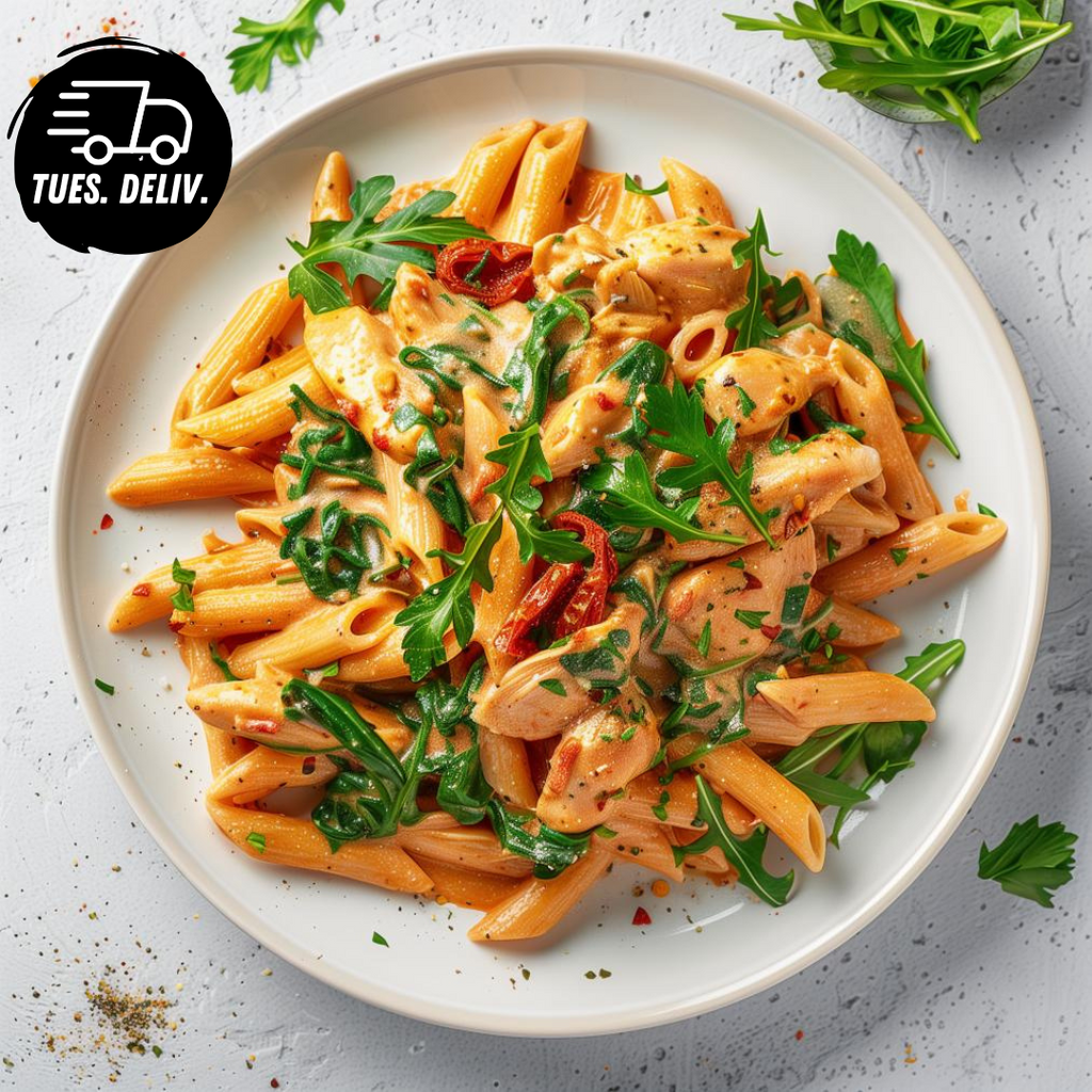 TUSCAN CHICKEN PENNE PASTA WITH SPINACH AND SUN DRIED TOMATO.