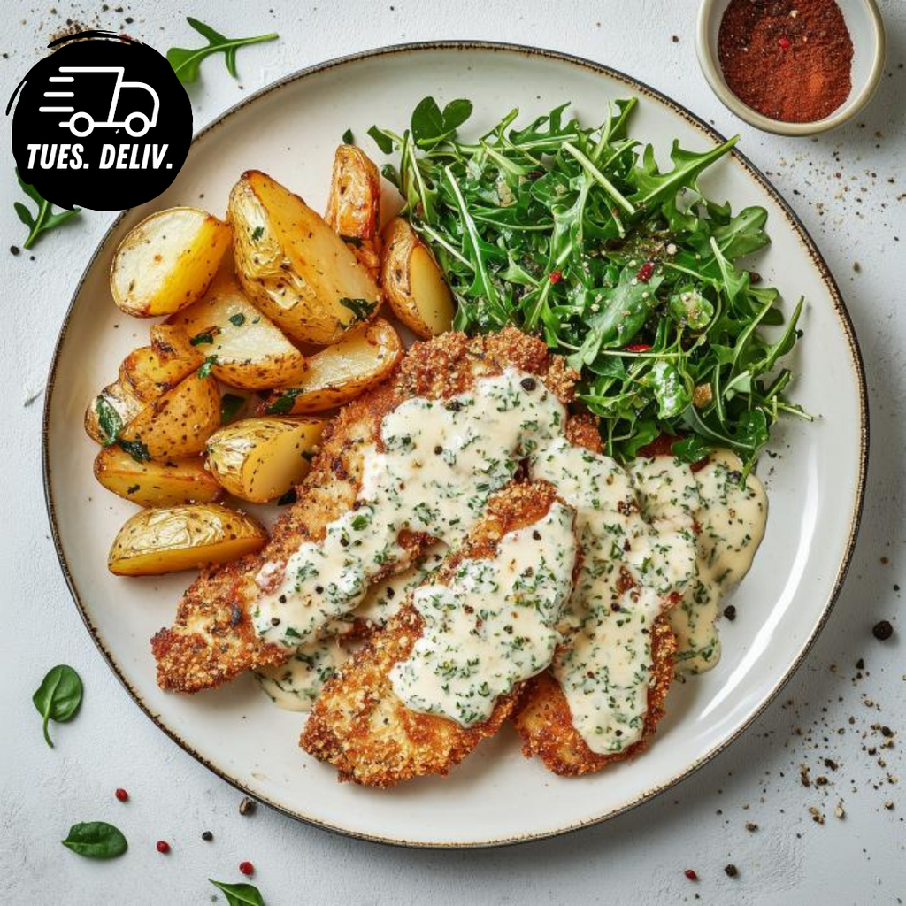 CHICKEN SCHNITZEL WITH ROAST POTATOES AND HERB SAUCE