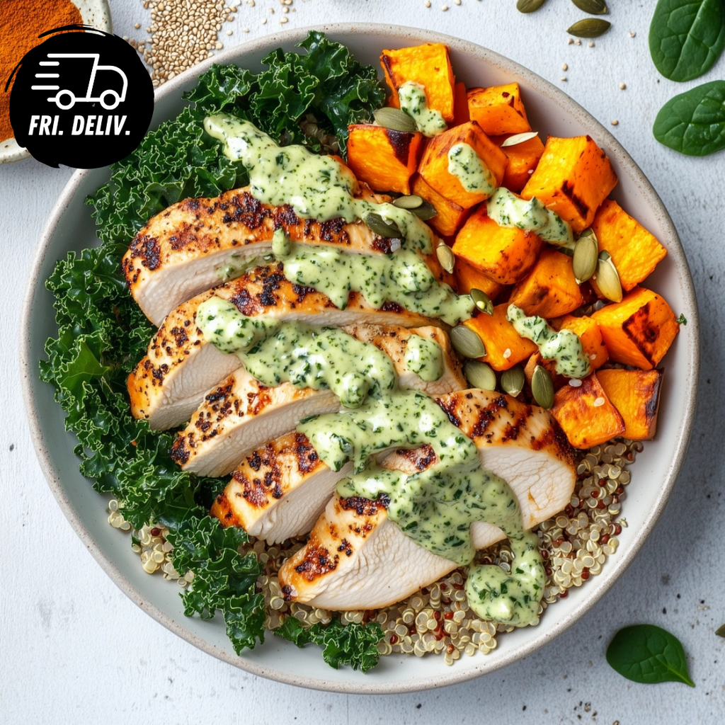 CHICKEN WITH BROWN RICE AND QUINOA WITH SWEET POTATO AND GREEN GODDESS SAUCE