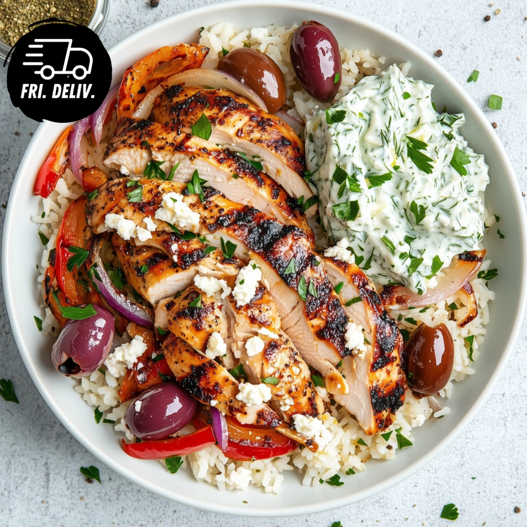 GREEK CHICKEN BOWL WITH LEMON DILL RICE ROASTED VEG AND TZTATZIKI